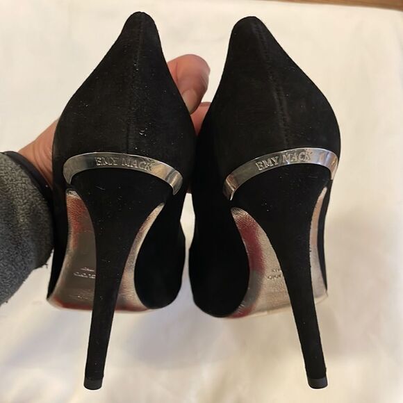 EMY MACK BLACK SUEDE PUMPS, SILVER DESIGN AT TOES. 4.5” HEELS. PADDED IN… - Picture 7 of 10